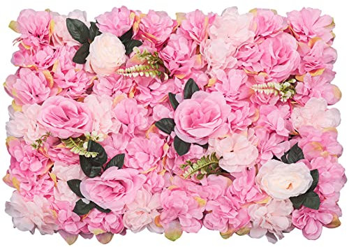 soudesileim 12 Stück Künstliche Blumenwandpaneel, 60 X 40cm Kunstrosen Blumenhintergrund, Künstliche Blumen für Hochzeit |Parteien |Valentinstag Dekoration|Heimdekoration (Rosa Mit Blättern)