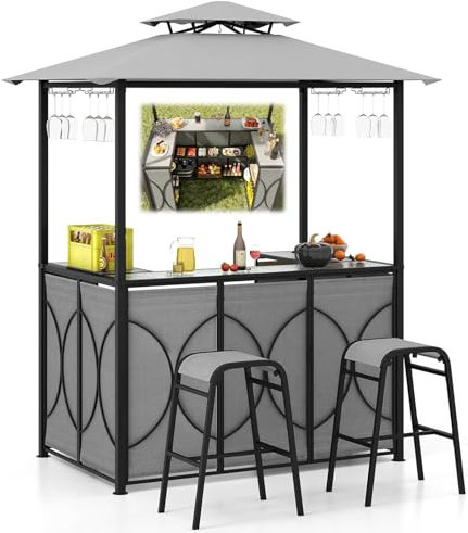RELAX4LIFE Tonnelle Barbecue Extérieur avec 2 Tabourets, Abris Barbecue, Toit Ventilé, Comptoir en Verre Trempé, Etagères 2 Niveaux, Porte-Verre, Crochets, Pavillon Barbecue pour Terrasse (Gris)