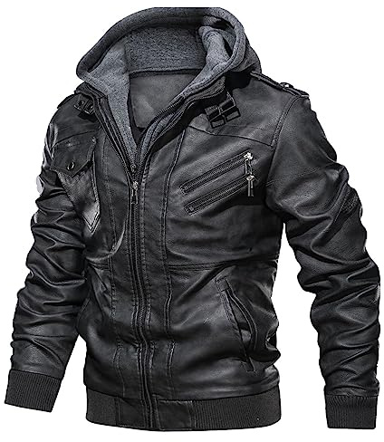 Uusollecy Giacca Pelle Uomo con Cappuccio Staccabile Stile Vintage Giacca di Pelle Uomo in Similpelle, Grigio scuro XXL
