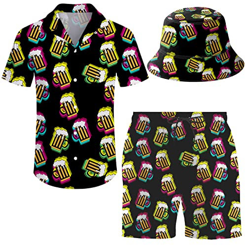 AsqLdQM Herren 2-teiliger Trainingsanzug Hawaii-Hemd Shorts Button-Down-Shirt und Shorts Sets mit Eimerhüten, Buntes Bier, L