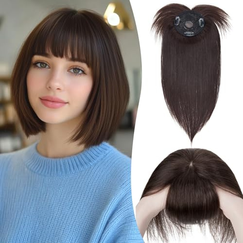 S-noilite Topper für Frauen Echthaar mit Pony 150% Dichte Toupet Haarteil Echthaar Damen Haarverdichtung für Dünnes Haar Mono Basis Haarverlängerung 35cm - 38g #2 Dunkelbraun