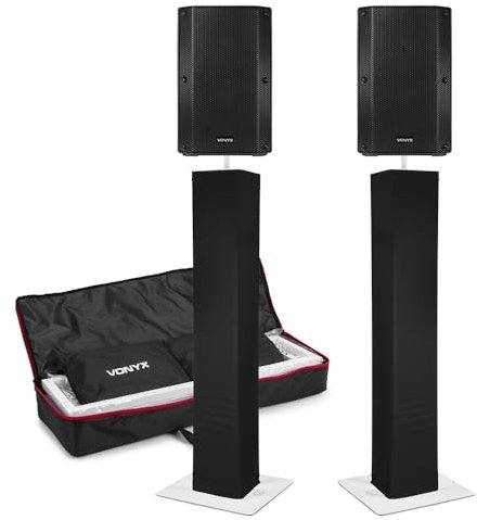 VONYX Active DJ Speaker Package, 2x 12-Inch Powered Speakers with Adjustable Plinth Stands, Bi-Amplified 800W Kit, Black & White Lycra Scrims for Live Sound, Events and Parties
