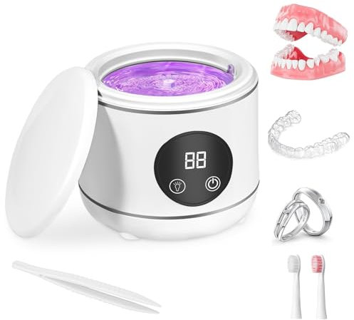 Nettoyeur de retenue à ultrasons UV, Weslery 230ML Machine de nettoyage de retenue pour prothèses dentaires, protège dents aligneur tête de brosse bijoux, bracelet montre avec trois modes (White)