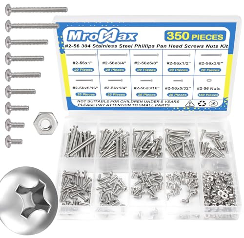 350Pcs #2-56 Phillips Pan Head Machine Screws Assortment Kit 304 Stainless Steel Assorted Nuts and Bolts Fully Machine Thread(#2-56x5/32, 3/16, 1/4, 5/16, 3/8, 1/2, 5/8, 3/4, 1)