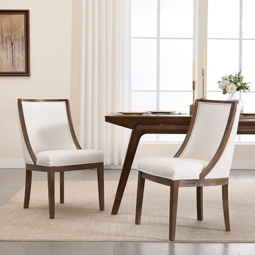 LZAREAL Modern Farmhouse Dining Chairs Set of 2 Upholstered Dining Room Chairs with Curved High Back for Kitchen Restaurant Cafe Home Office, Walnut Color Wood Legs, Linen Beige Paded Seat