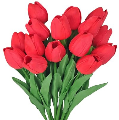 GIUSOBG Tulipani Artificiali 15 Pcs Fiori Artificiali Finti 34cm Tulipani in lattice Fiori Finti di Realistici Bouquet di Fiori finti per Casa per Matrimoni,Giardino (rosso)