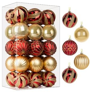 SHareconn Christmas Baubles Ornaments 30pcs 2.36inch/60mm Ornaments,Shatterproof Balls Hanging for Christmas Tree Decorations,Pre-Hanged Strings,Red & Gold