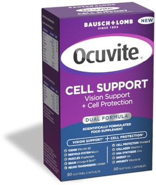 Ocuvite Cell Support Eye Supplement - Supports the Visual System & Cell Protection by Bausch + Lomb – Lutein and Zeaxanthin Supplement with Omega 3 DHA, Vitamin E and Zinc, 2 Capsules Per Day
