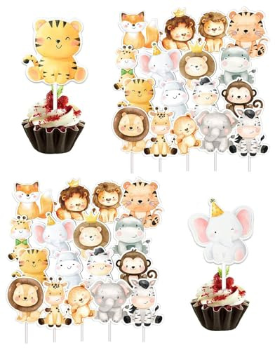 KEMUZ 34 Stück Waldtiere Kuchen Deko, Safari Cupcake Topper, Muffin Deko Kindergeburtstag Cupcake Topper Tischdeko Baby Shower Deko Kuchendeko Geburtstag