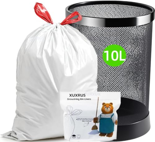 XUXRUS Bolsas de basura pequeñas con asa, 10 L, 60 bolsas de basura blancas, bolsas de basura a prueba de fugas, con cordón, resistentes al desgarro, para oficina y baño