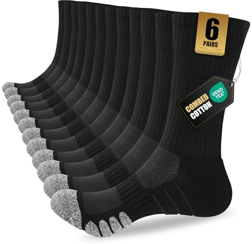 Niorasen 6 Pairs Mens Sports Socks, Combed Cotton Mens Work Socks with Cushioned Bottom, Outdoor Crew Athletic Sock for Hiking, Walking, Running, Cycling, Black, 6-8