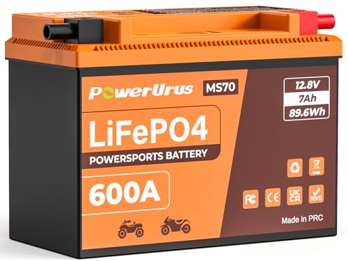 Batteria al Litio per Moto, Batteria PowerUrus al Litio LiFePO4 da 12 V con BMS 12,8 V 7 Ah 600 CCA YTX4L-BS Batterie di Avviamento per Moto LiFePO4 per ATV, UTV
