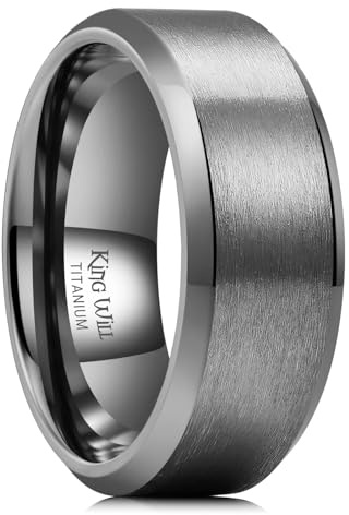 King Will 8mm Gunmetal Gray Titanium Wedding Ring Brushed Center Engagement Wedding Band Promise Ring for Him Beveled Edge Comfort Fit 9