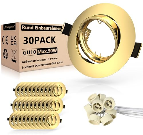 Allesgute 30er Led Einbaustrahler 230V GU10 Set Einbaurahmen Rund Ø68-85mm Spots 360° Schwenkbar Einbauleuchten Gold Deckenspots Rahmen inkl. GU10 Fassung für LED oder Halogen | Einbauleuchten Rahmen Gold, 360° Schwenkbar, inkl. GU10 Fassung, passend für LED und Halogen Leuchtmittel