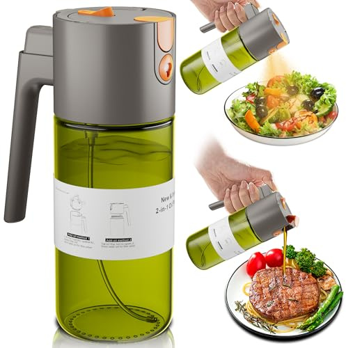 2026 Upgrade 2 in 1 Oil Sprayer for Cooking, 17oz Olive Oil Dispenser Bottle for Kitchen Gadgets with Stickers, Large Advanced Food Grade Light-Blocking Glass Spray Bottle for Salad, Air Fryer, BBQ