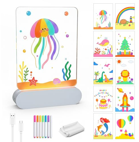 Focenat Led Acryl Nachtlicht und löschbarer Stift, 10 Zeichnungen, 4 Farben DIY Personalisiertes Nachtlicht, Individuelle Nachttischlampe für Kinder, LED Kreative DIY Lampe, Kinderzimmer Dekoration
