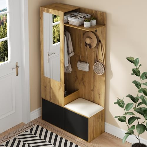 Set di 5 appendiabiti, appendiabiti da corridoio, con scarpiera e specchio, guardaroba compatto con porte, armadietti per ingresso, 100 x 38 x 191 cm, colore legno (100 x 38 x 191 cm)