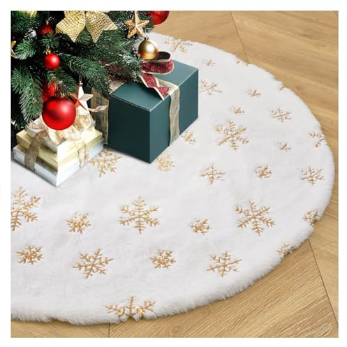 Weihnachtsbaumrock, 90CM Durchmesser Weißer Weicher Plüsch-Baumrock, Goldene Schneeflocken, Weihnachtsbaumdekoration für Weihnachts- und Neujahrspartys (Dicke Plus)