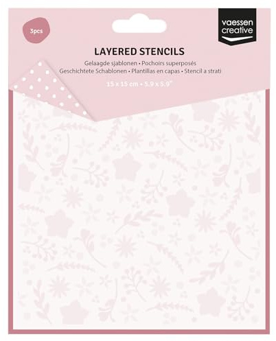 Vaessen Creative 3625-0119 Layering Schablone Muster mit Blume und Sterne-3 St. Wiederverwendbare Malschablone 15 x 15 cm-DIY, Scrapbooking, Karten, Bullet Journal und Basteln mit Papier