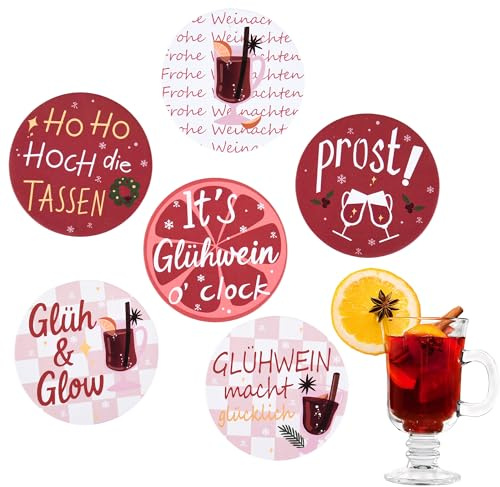 6 Stück Glühwein Untersetzer – Lustige Getränkeuntersetzer mit Weihnachts-Sprüchen – Geschenk für Glühwein Fans – Weihnachts- & Winter Tischdeko – 10 x 10 cm