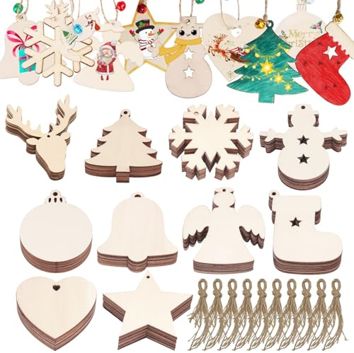 MLPKOI 100 Stück Holz Weihnachtsschmuck, DIY Christbaumschmuck Weihnachtsschmuck Holzanhänger Weihnachtsschmucks zum Bemalen mit Schnur für Weihnachtsbaum DIY Dekoration