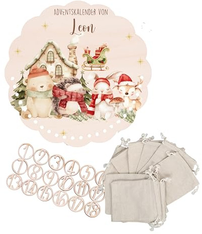 Kidsmood – Personalisierter Adventskalender 2025 aus Holz mit niedlichen Tiermotiven | Weihnachtskalender zum Befüllen mit Geschenktüten & Holzzahlen | Nachhaltige Weihnachtsdeko für Kinder & Familie