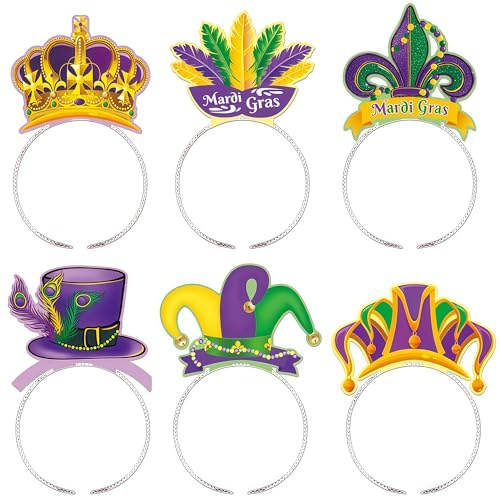 VENCUBI 6 Pack Mardi Gras Jester Headbands - Colorful Court Clown Party Hats with Bells, Funny Elastic Headwear for Masquerade, Cosplay, Carnival, Birthday, Halloween & Theme Party Accessories