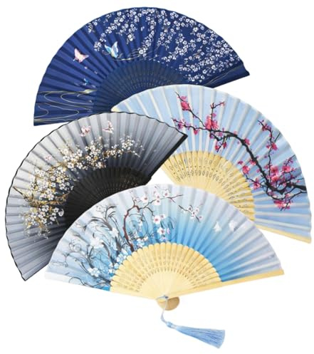 4 Pack Silk Fabric Hand Fans Folding,Chinese Fan with Tassels,Carved Bamboo Handheld Folding Fan for Fan Wall Decor Wedding and Gifts,Folding Hand Fans for Women