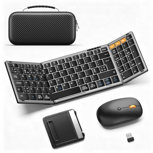 Foldable Keyboard and Mouse Combo,Portable Folding Keyboard for Laptop iPad | 2.4G+Dual Bluetooth, Full-Size QWERTY UK Layout, Travel-Ready Kit, Wireless Mouse, Storage Case, USB-C Rechargeable