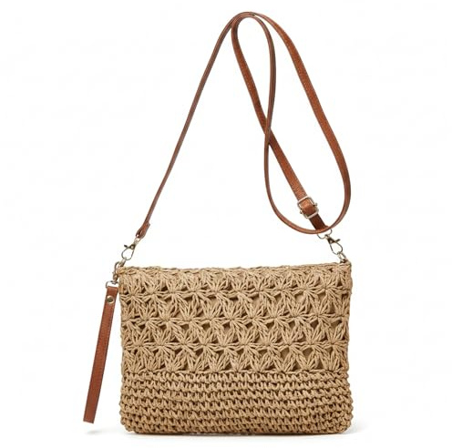 AwnsIMfreien Sac de Paille, Sac de Plage en Paille pour Femmes, Sacs à bandoulière en Raphia à Motif Riz Creux tissés la Main, Plage d'été Beige Double Sangle