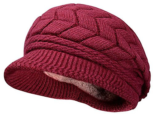 Kuyou Winter Strick Pelzmütze Barett Damen Schirmmütze Kappe Hut (Mode Weinrot)