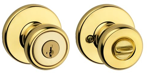 Kwikset Tylo Entry Door Knob with Lock and Key, Secure Keyed Handle Exterior, Front Entrance and Bedroom, Polished Brass, Pick Resistant SmartKey Rekey Security