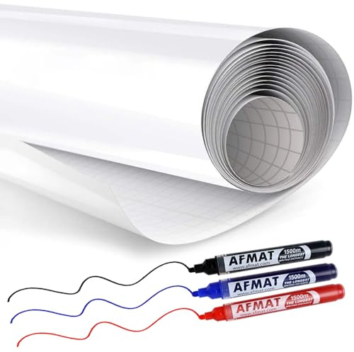 AFMAT White Board Sticker, Dry Eraser Paper for Wall, Upgrade PET-No Ghost, 1.45 x 11 ft, Stain-Proof Peel and Stick Film Self Adhesive Wall Paper Roll for Classroom/Office, 3 Dry Erase Marker WS01