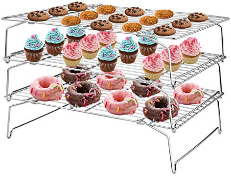 TEAMFAR Abkühlgitter, Edelstahl 3-stöckiges Kuchengitter Auskühlgitter für Kuchen Kekse Brot Torte, Faltbar & Stackble, Langlebig, Spülmaschinengeeignet - 38x26cm