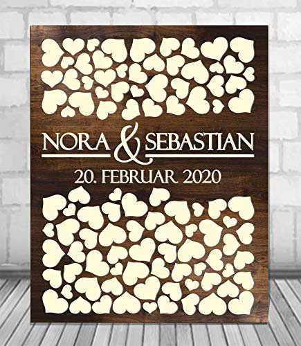 Manschin-Laserdesign Personalisiertes 3D Hochzeit Gästebuch in verschiedenen Größen | 40-160 Herzen | Hochkant aus echtem Holz Gästebuch Alternative (Eiche Dunkel)