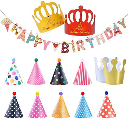 Sombreros de Papel del Fiesta de Cumpleaños y Pancarta de Feliz Cumpleaños, Gorros Forma Cónica con Poms, Tapa de Corona de Varios Color y Tamaños Para Los Cabritos y Los Adultos, Favores de la Fiesta