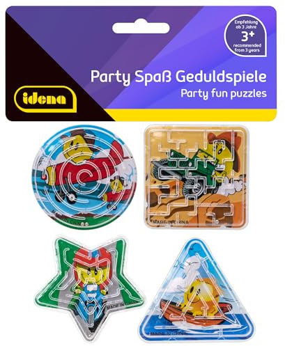 Idena 40430 - Partyspaß Geduldspiele, 4 Stück, kleine Labyrinthe mit lustigen Emoji Hintergrundmotiven in den Formen Kreis, Dreieck, Quadrat und Stern, durchschnittliche Größe ca. 6 cm