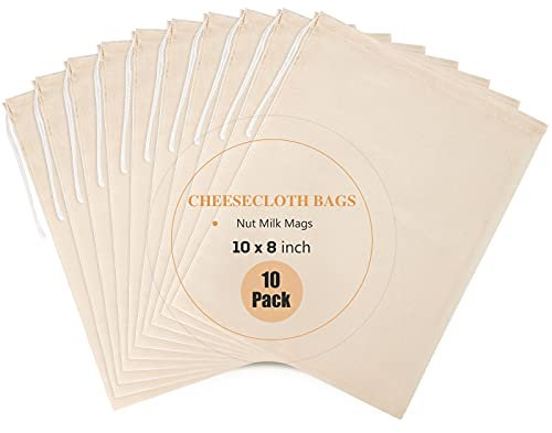 Chielor 10 Pack Nut Milk Bag, 8‘’ x 10‘’Fine Mesh Grade Reusable Cheesecloth Bags Strainers, Unbleached Organic Cotton Filter Bags for Almond Milk, Juices, ColdBrew, Cheese, Tea, Yogurt, Coffee