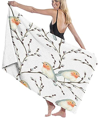 RUiillg Beach Towels Microfiber,Willow Branches And Birds Robin Large Bath Sheet Lightweight Beach Towel Perfect For Family Hotel Travel Swimming Fitness Sports