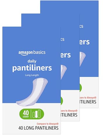 Amazon Basics Daily Pantiliner, Long Length, Feminine Pads for Women, Unscented, Comfortable Thin, 120 Count (3 Packs of 40) (Previously Solimo)
