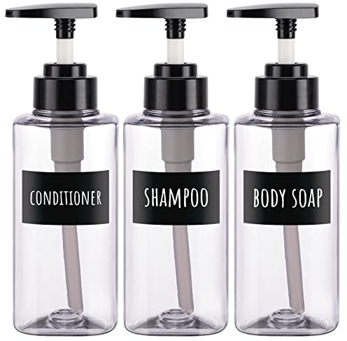 Segbeauty Seifenspender, 3 Stück 300 ml Shampoo Flaschen, Pumpspender Kunststoff Nachfüllbare, Duschgel Spender mit Etiketten, Seifenspender Set für Küche und Badezimmer, Transparent