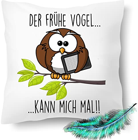 Blickfang Lustiges Kissen Bedruckt mit Spruch DER FRÜHE Vogel KANN Mich MAL!! Eule, Uhu | Dekokissen | Kuschelkissen 40X40 | Kissenbezug | mit oder ohne Füllung (ohne Kissenfüllung), Weiß