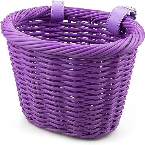 ZUKKA Woven Fahrradkorb Kinder Vorne Lenkerkorb Fahrradkörbchen Geflochten für Mädchen und Kinder mit Lederriemen, Dekorativ, Abnehmbar (Lila)