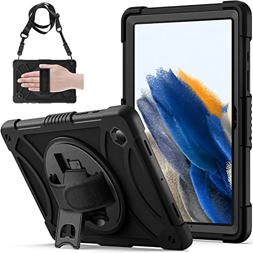 Gerutek Funda Anticaída para Samsung Galaxy Tab A8 2022 10.5 Pulgadas (SM-X200/X205/X207), Carcasa Rugosa con Soporte 360° Giratorio, Correa de Mano/Hombro, Funda para Galaxy Tab A8 10.5 2022, Negro