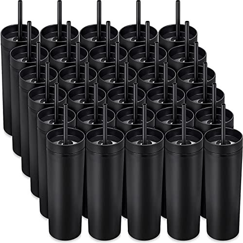 Mimorou 30 Stück Skinny Tumbler mit Deckel und Trinkhalmen, 473 ml, matt, farbige Acrylbecher, doppelwandig, Kunststoffbecher, schmaler Reisebecher, Zuhause, Büro (schwarz)
