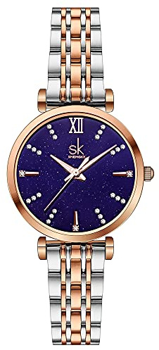 SHENGKE SK Montre Classique pour Femme avec Bracelet en Acier Inoxydable et Bracelet en Cuir véritable (Blue-Starry)