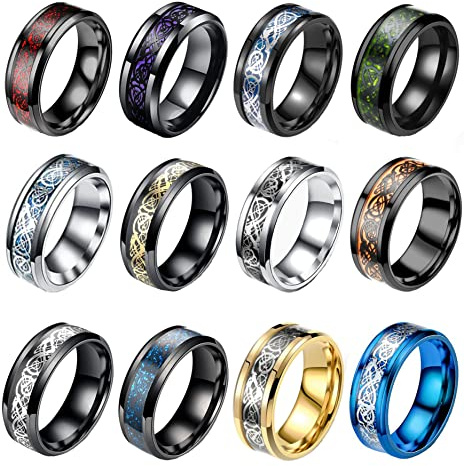 SAMOCO 12 Pcs 8mm Stainless Steel Ring for Men Women Celtic Dragon Inlay Mens Wedding Bands Rings Comfort Fit Size 10