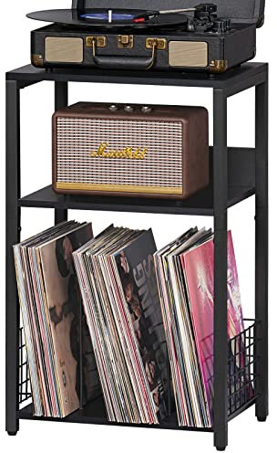 LELELINKY 3-stöckiger Beistelltisch, Plattenspielerständer mit Stauraum von bis zu 100 Alben, industrielle hohe Beistelltische, schwarze Schallplattenspielerhalter, Regal für Wohnzimmer Schlafzimmer