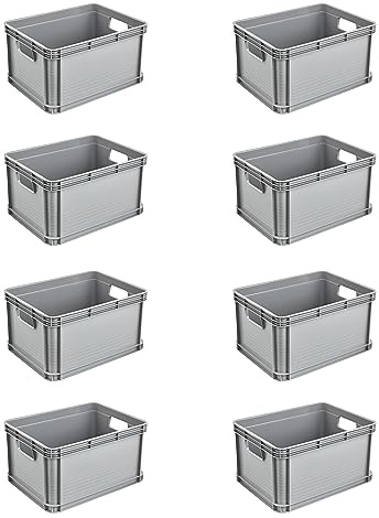 keeeper Set di Cassette da Trasporto, 8 x 20 L, Design Impilabile, Polipropilene, Robert, Nordic Grey (Grigio)