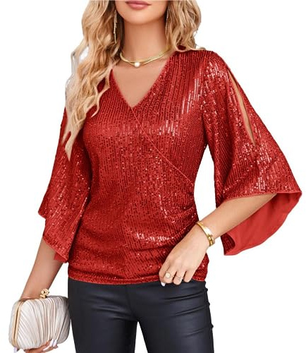 GRACE KARIN Damen Pailletten Bluse Festliche 3/4 Ärmel Elegante Oberteil | 3/4-lange Schlitzärmel im Cape-Stil, Überkreuzter V-Ausschnitt, Pailletten besetzt, Cocktail- und partytauglich